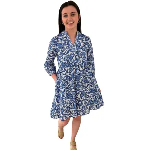 The Morley Cotton Embroidered Trim Dress in Blue and White