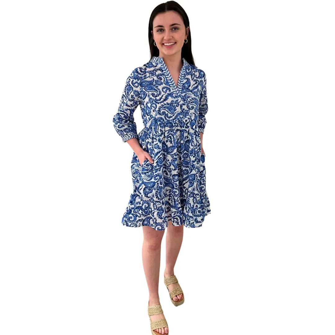 The Morley Cotton Embroidered Trim Dress in Blue and White