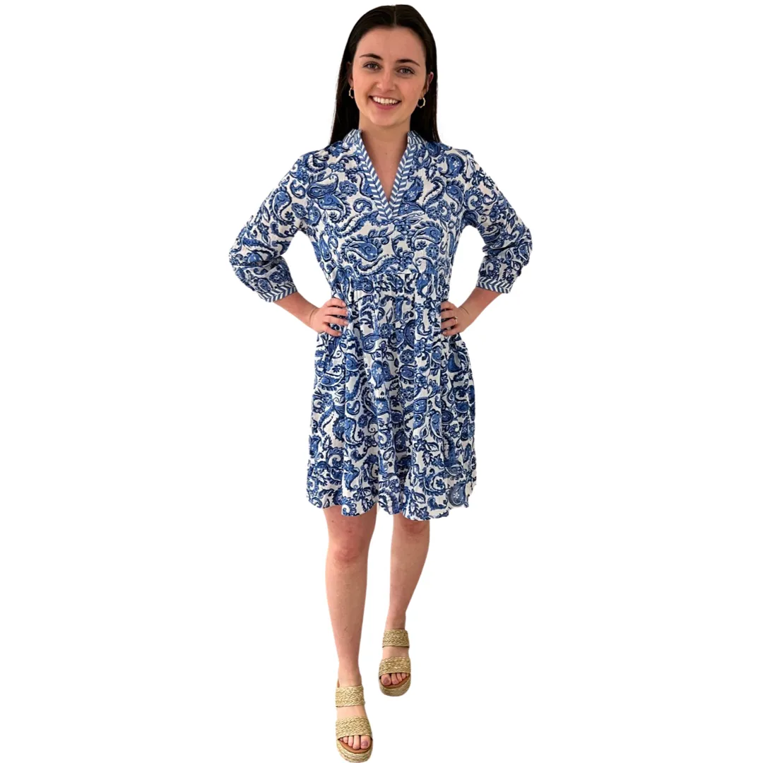 The Morley Cotton Embroidered Trim Dress in Blue and White