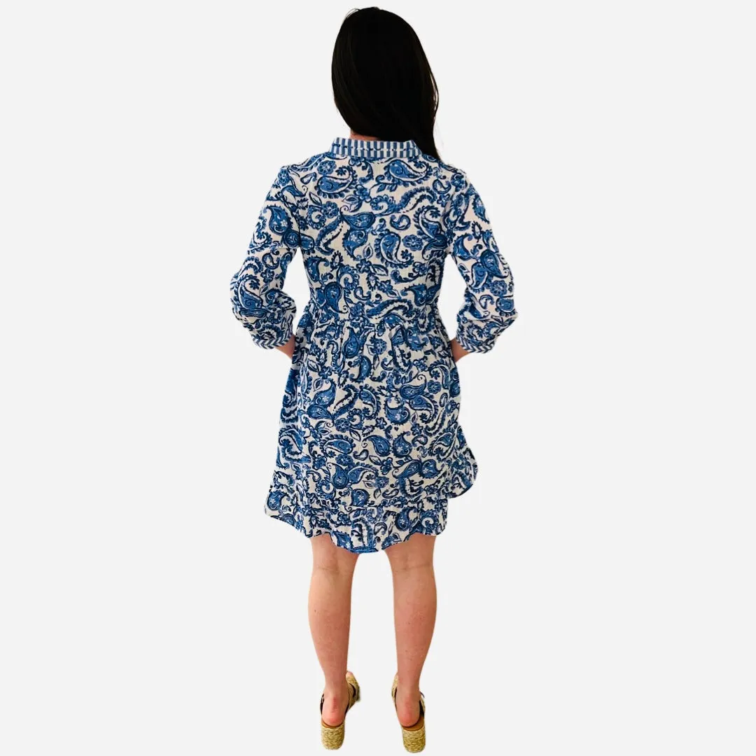 The Morley Cotton Embroidered Trim Dress in Blue and White