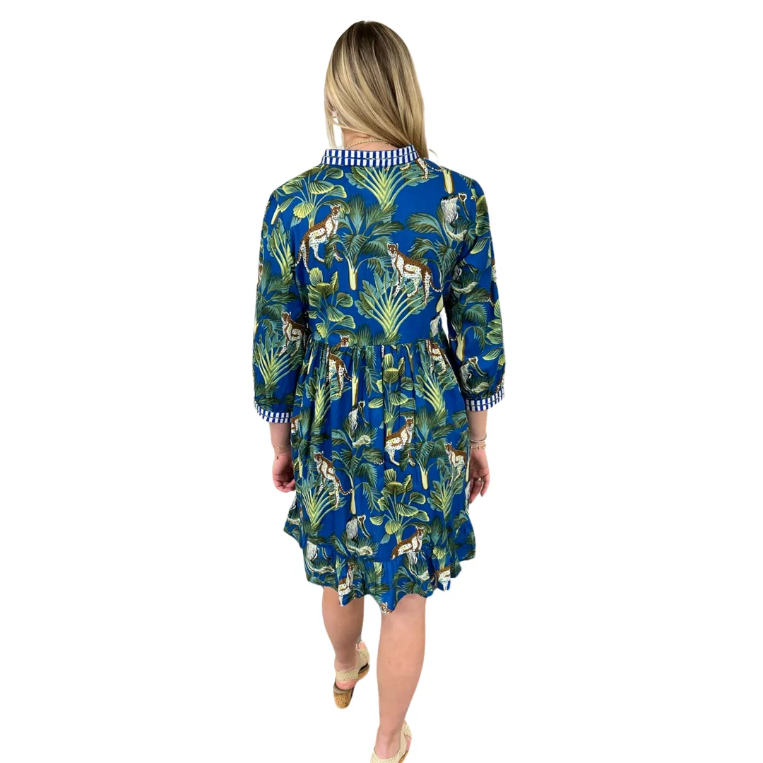 The Morley Jungle Print Cotton Embroidered Trim Dress in Blue