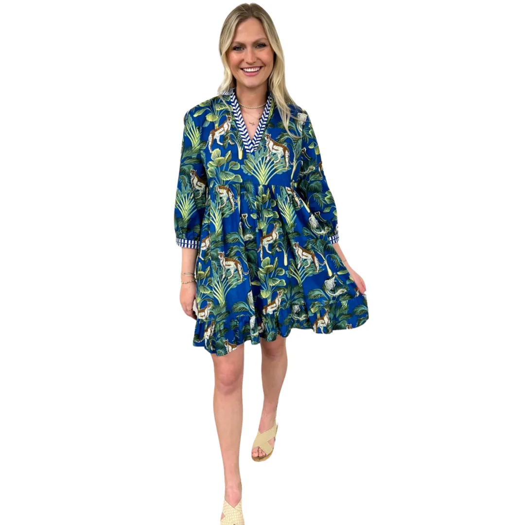 The Morley Jungle Print Cotton Embroidered Trim Dress in Blue