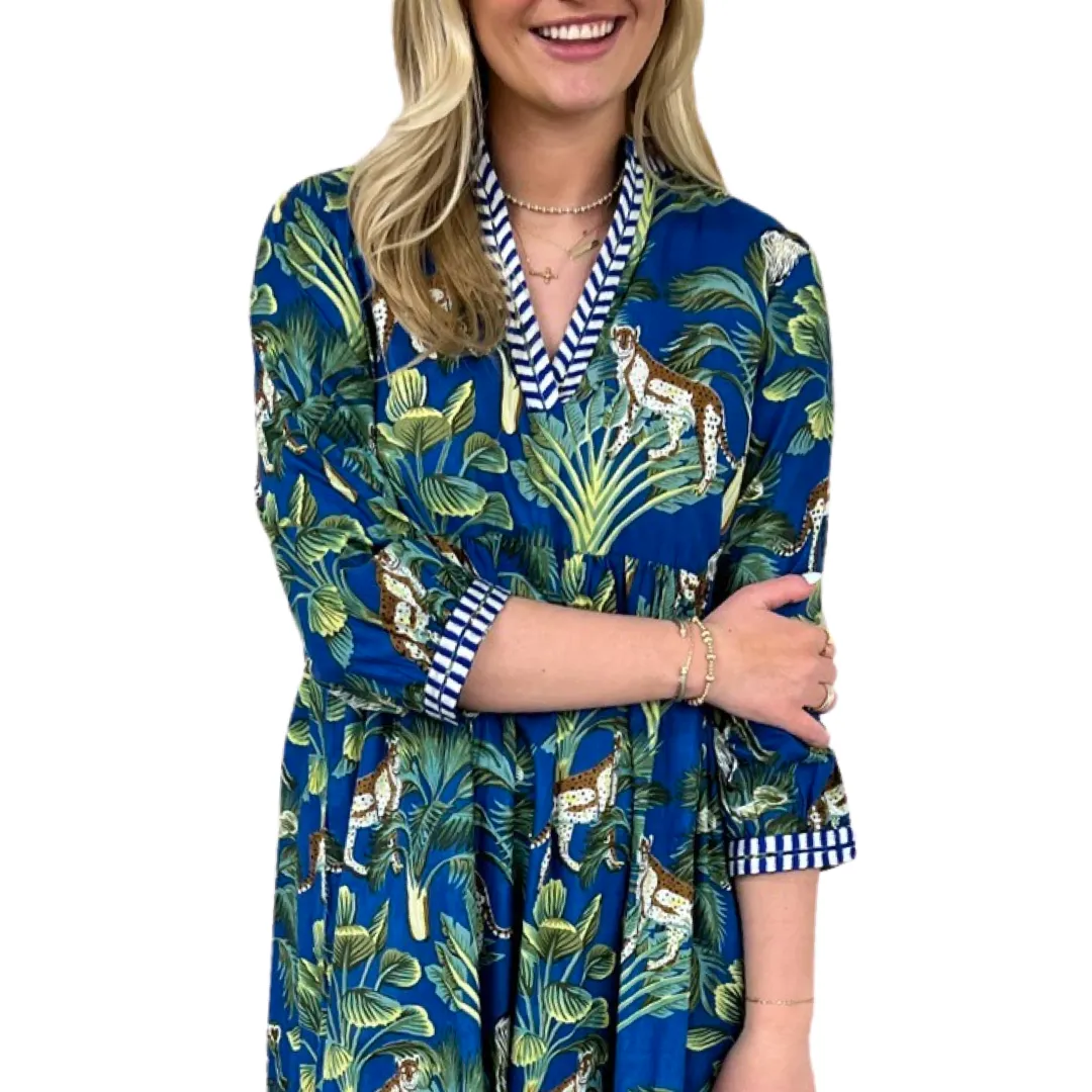 The Morley Jungle Print Cotton Embroidered Trim Dress in Blue