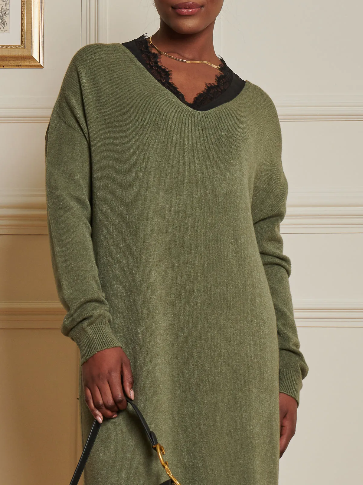 V-Neck Knitted Longline Dress, Soldier Green