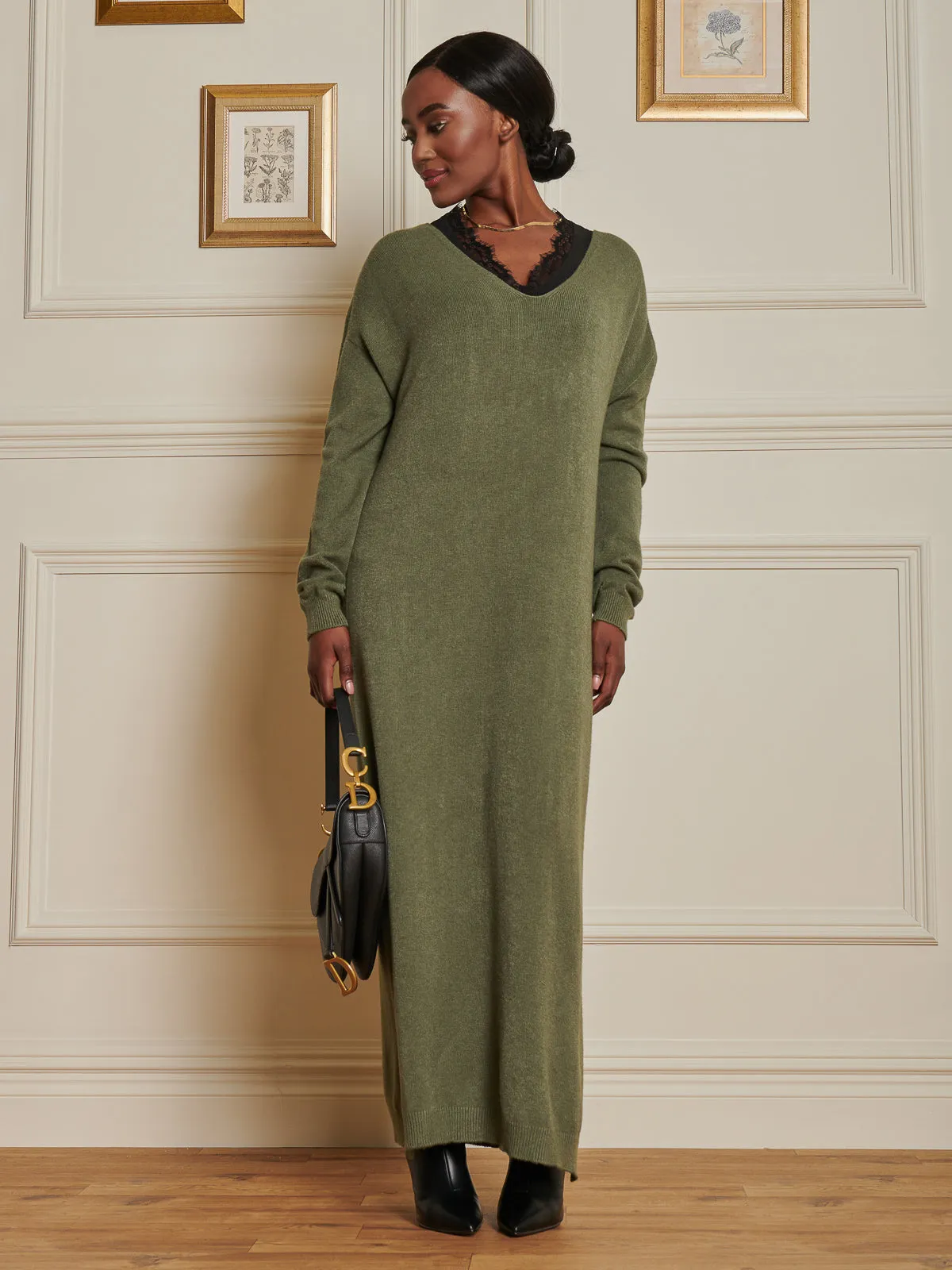 V-Neck Knitted Longline Dress, Soldier Green