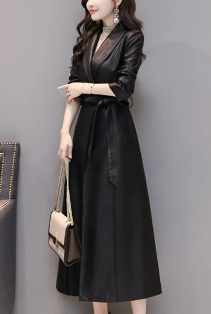 Waist Lapel Leather Trench Coat