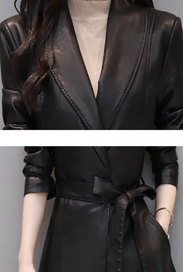 Waist Lapel Leather Trench Coat