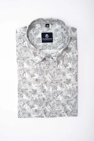 White Black Color Leaf Printed Shirt For Men