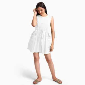 White Cotton Flax Princess Line Short Dress