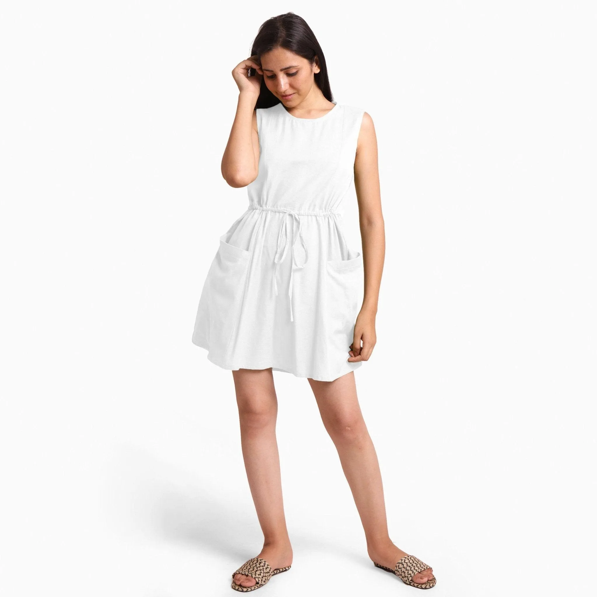 White Cotton Flax Princess Line Short Dress