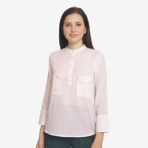 White Hand Beaded Mandarin Collar Cotton Shirt