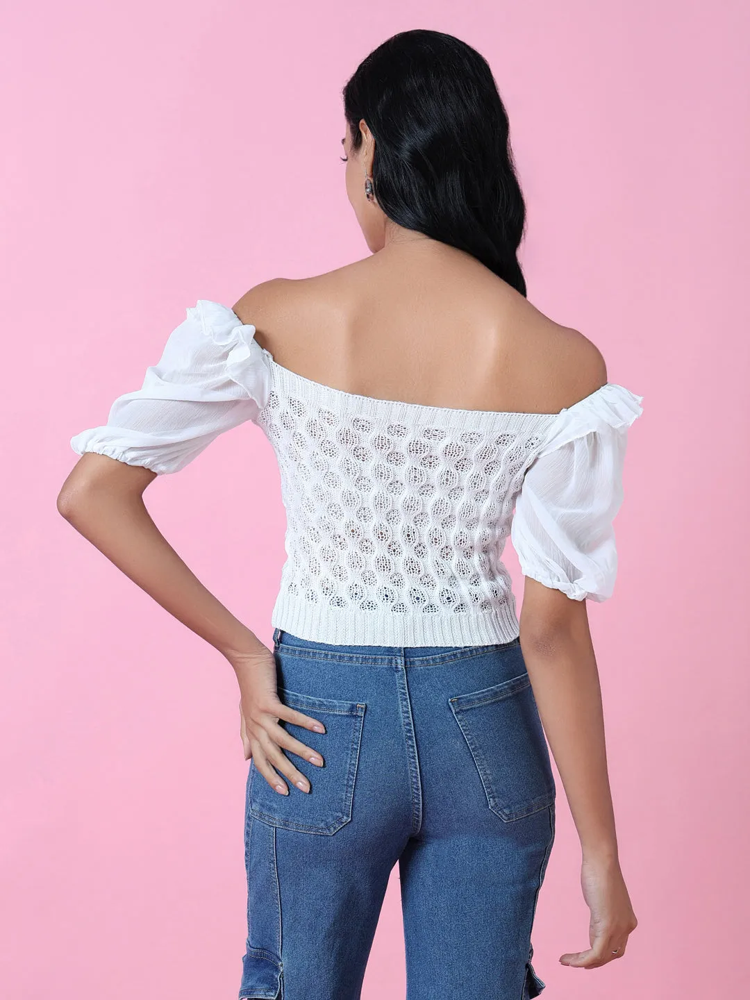 Women White Solid Crochet Crop Top