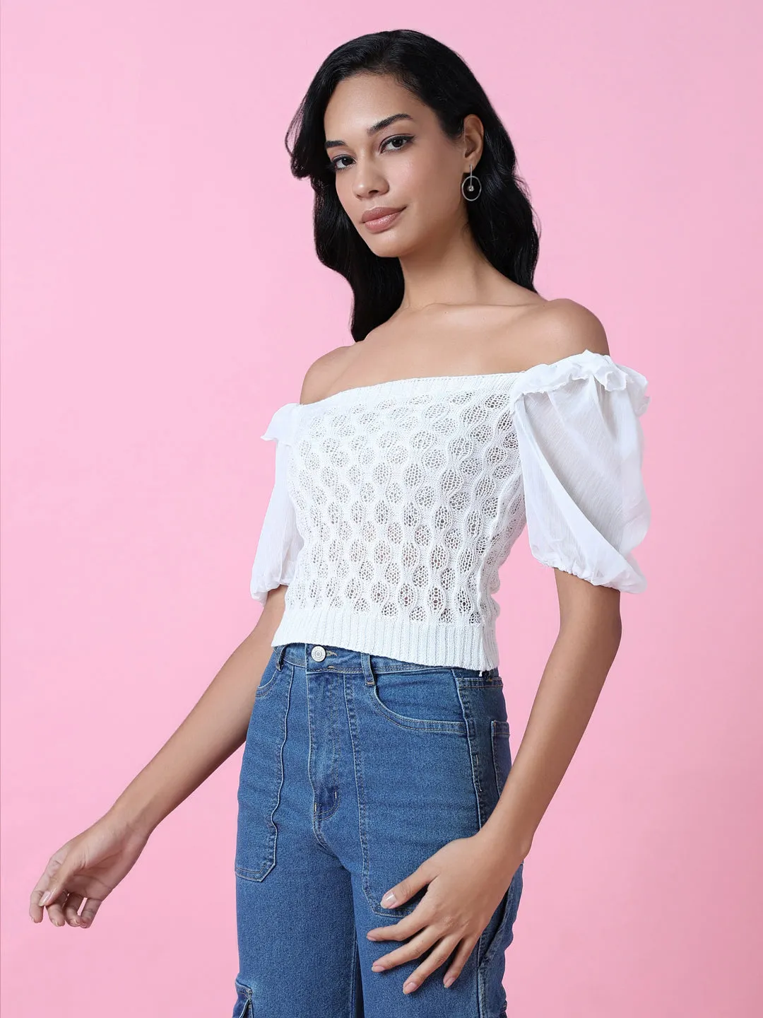 Women White Solid Crochet Crop Top