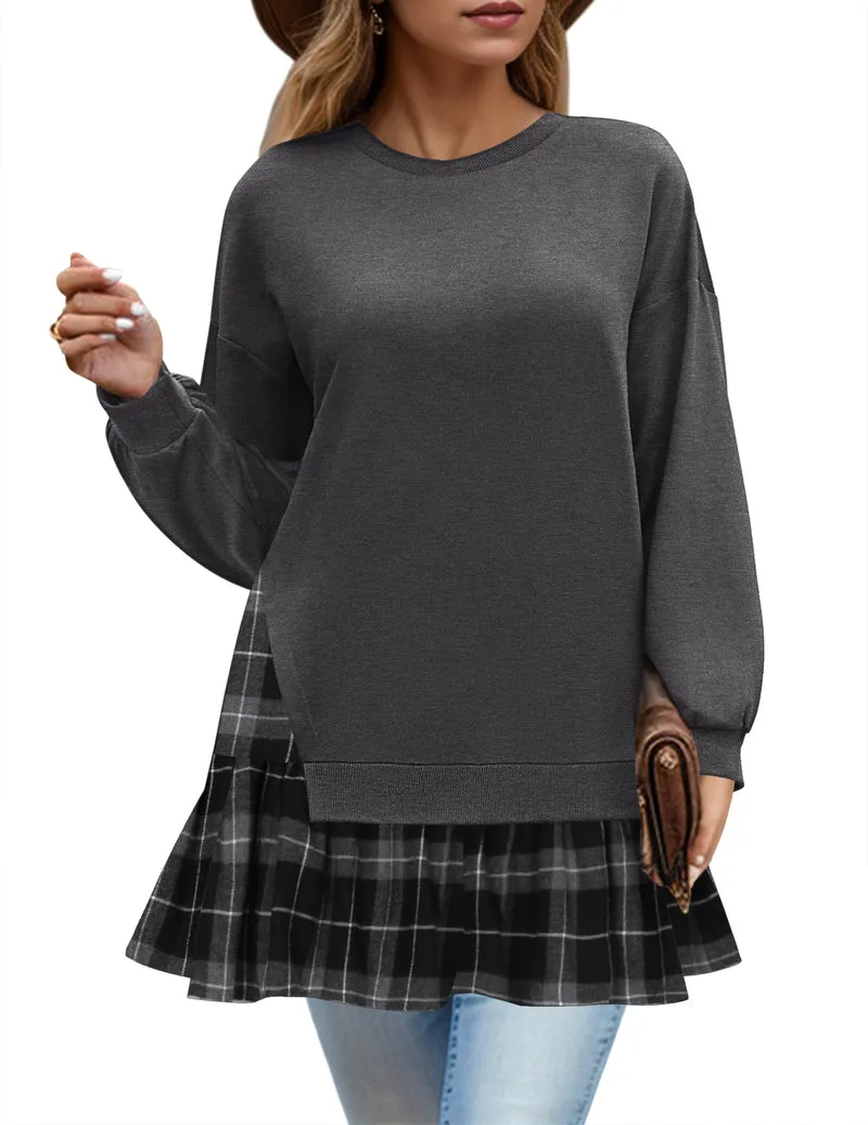 Zeagoo Women Oversized Sweatshirt Plaid Patchwork Dress