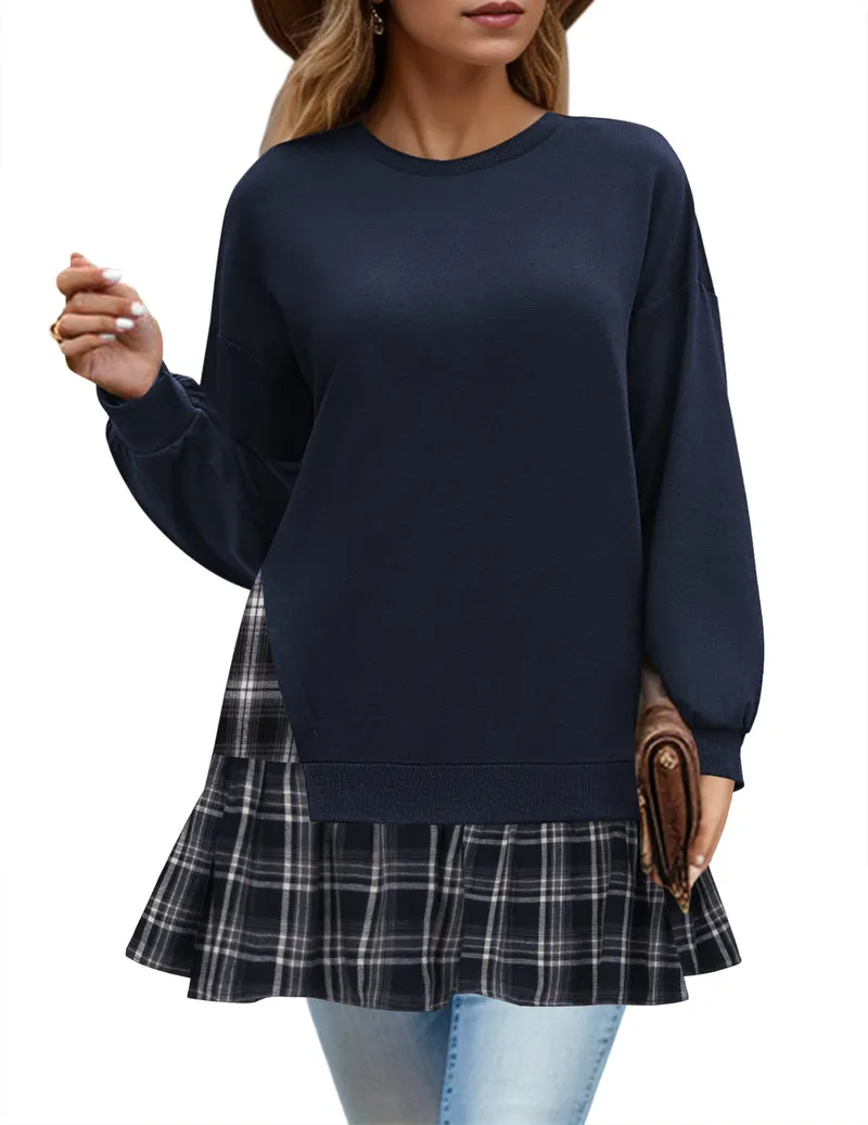 Zeagoo Women Oversized Sweatshirt Plaid Patchwork Dress